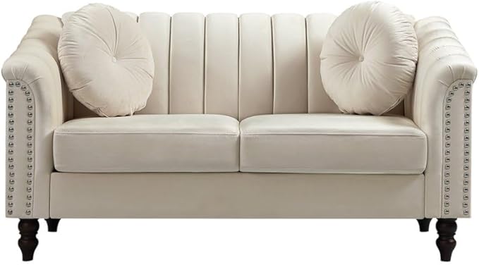 60" Loveseat Sofa, Microfiber Chesterfield Upholstered Sofas Love Seat, Couch Chair Sets with Style Button Tufted, Scroll Arms and Nailhead for Living Room, Office, White