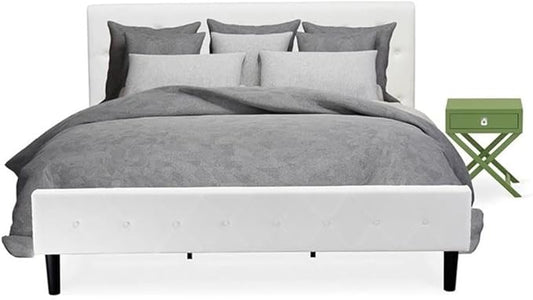 East West Furniture NL19K-1HA12 2 Piece Bedroom Set - King Size Button Tufted Bed - Linen white Velvet Fabric Upholstered Headboard and a Clover Green Finish Nightstand