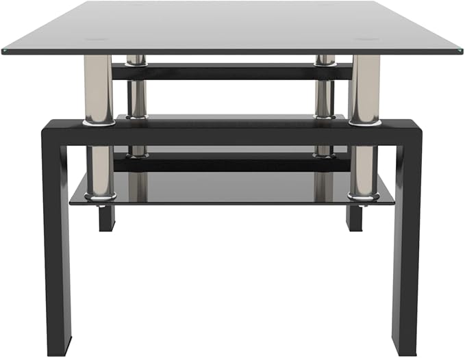 IANIYA Glass Coffee Table, Black Living Room Rectangle Coffee Table with Tempered Glass & Metal Tube, 2 Layers of Storage Space Modern Tea Table Side Table for Waiting Room Small Space