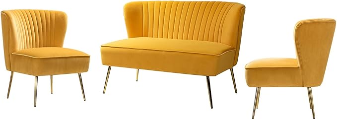 HULALA HOME 3 Piece Velvet Living Room Furniture Set, Modern Comfy Upholstered Chair Set with Golden Legs, include Loveseat & 2 Accent Chairs for Bedroom, MUSTARD Tufted 2-Seater Sofa & Armless Chairs