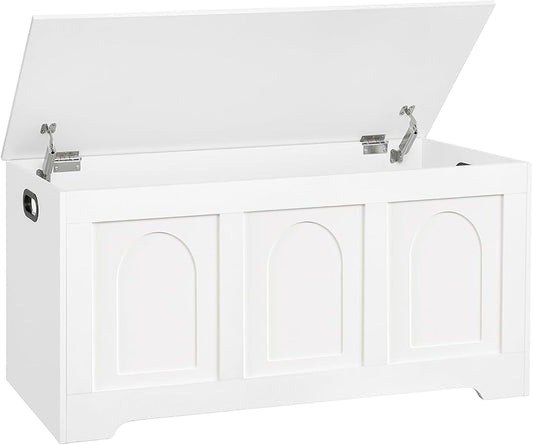 DINZI LVJ Storage Chest, 39.4” Wooden Toy Box with 2 Safety Hinges, Entryway Shoe Bench with Flip-Top, Sturdy Large Storage Trunk for Living Room, Bedroom, Playroom, Easy Assembly, White by DINZILVJ