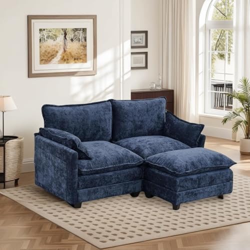 Modular Sectional Cloud Couch, 2 Seat Convertible Sectional Couches Sofa with Ottoman, Convertible L-Shape Cloud Sectionals Couches for Living Room, Apartment, Blue
