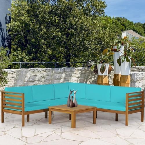 PayLessHere Patio Furniture 4 Pieces Outdoor Furniture L-Shaped Sectional Sofa Conversation Sets Patio Corner Set with Coffee Table Acacia Wood and Waterproof Cushion