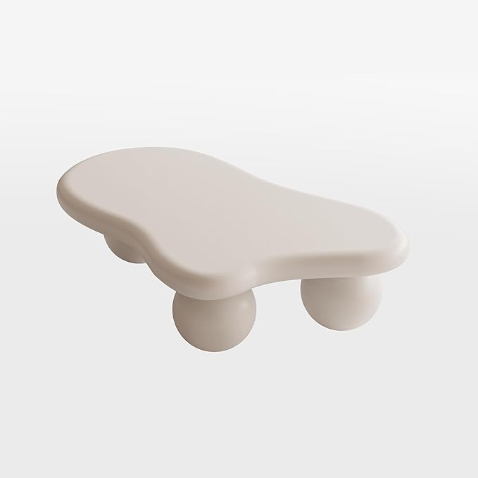 47.2” Cloud Coffee Table with 3 Ball Legs, Modern Irregular Center Table for Living Room, Low Cute Small MDF Tea Table for Bedroom, Space Apartment Cream White