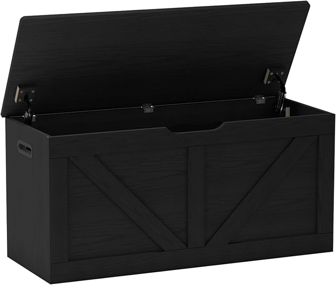 Timberer 39.4" Storage Chest, Wooden Storage Bench, Large Storage Trunk with 2 Safety Hinges, Entryway Shoes Bench for Living Room, Bedroom, Black by Timberer