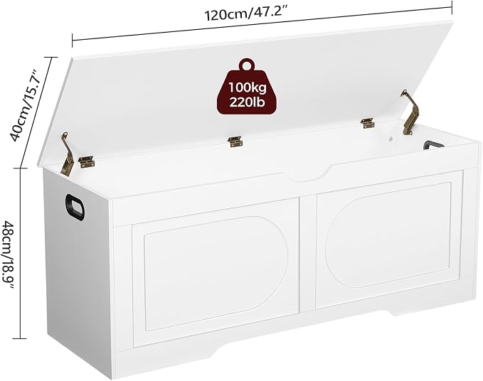 MAHANCRIS Storage Chest, 47.2” Toy Box, Entryway Storage Trunk, Shoe Bench with Storage, Engineered Wood Storage Cabinet with 2 Safety Hinges, Entrance Bench for Living Room, White SCWT2201 - Image 3