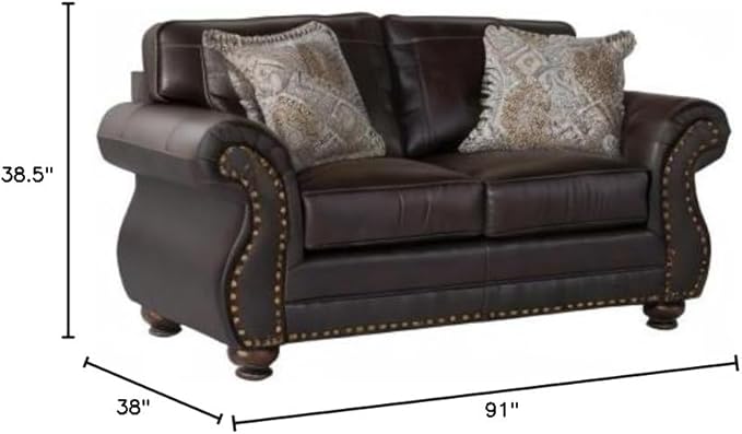 Leinster Faux Leather Sofa and Loveseat with Antique Bronze Nailheads in Espresso