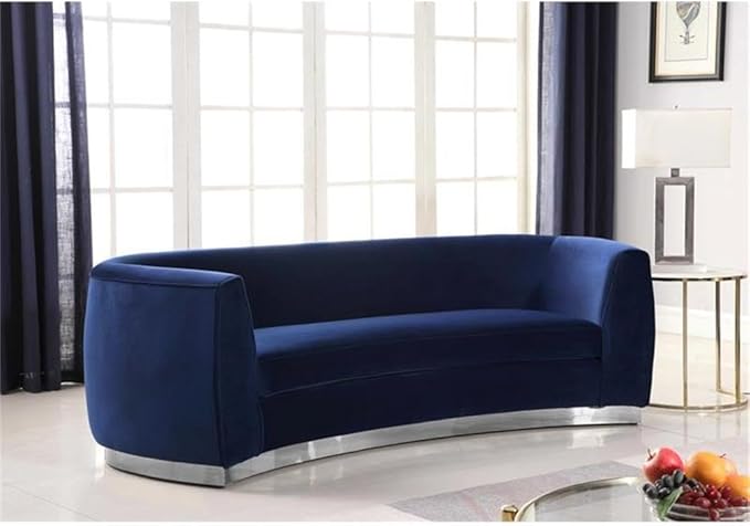 Meridian Furniture Julian Collection Modern | Contemporary Velvet Upholstered Sofa with Stainless Steel Base in Polished Chrome Finish, Navy, 91.5" W x 36" D x 28" H