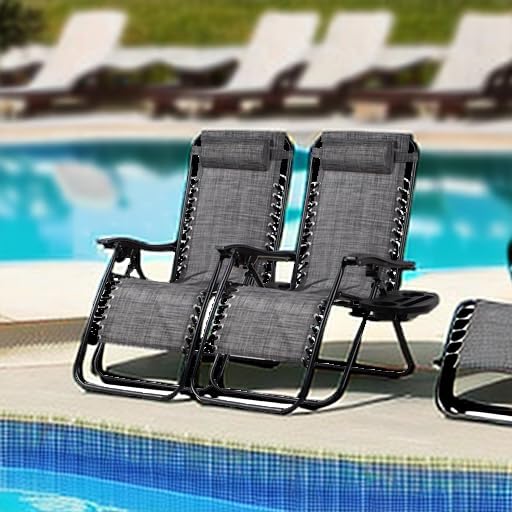 Nazhura Set of 2 Relaxing Recliners Patio Chairs Adjustable Steel Mesh Zero Gravity Lounge Chair Beach Chairs with Pillow and Cup Holder(Grey) - Image 2