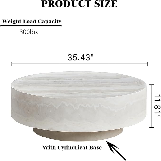 35.43" Round Coffee Table with Cylindrical Legs in Faux Marble,Stylish and Modern Fiberglass Drum Table, Modern Table for Living Room, Office, or Balcony.(Mars,ø35.43" x 11.81")