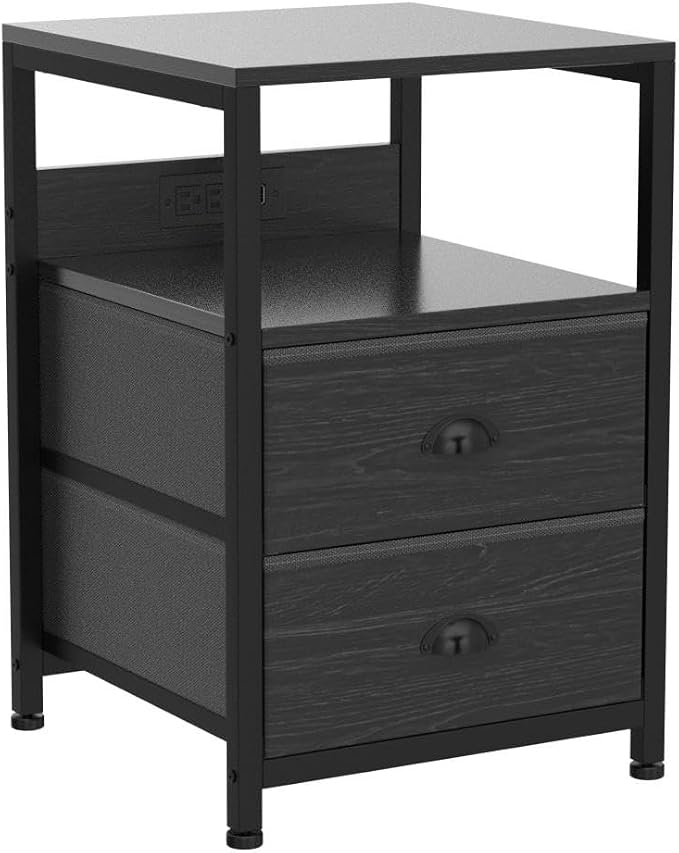 Furologee Nightstand Set of 2, Black Oak, with Charging Station and USB Ports, Side Tables with 2 Fabric Drawers, Bedside Tables with Storage Shelf & Hooks, for Living Room/Bedroom - Image 4