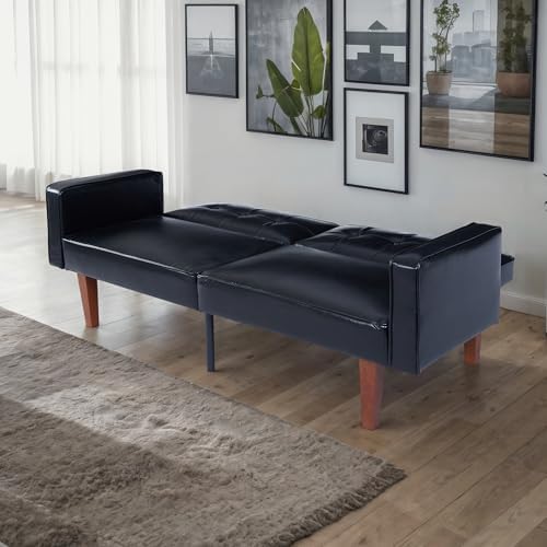 Adjustable Backrest Convertable Sofa, Modern PU Leather 2-Seat Futon Sofa, Convertible Faux Leather Sleeper Couch with Armrests, Couch for Living Room Home Office Spaces, Black