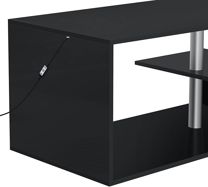 HOMMPA LED Coffee Tables for Living Room Modern Black Coffee Table with S-Shaped 3 Tiers Open Storage Shelf High Gloss Center Sofa Tea Table with LED Lights for Home Office Furniture Black 18" Tall