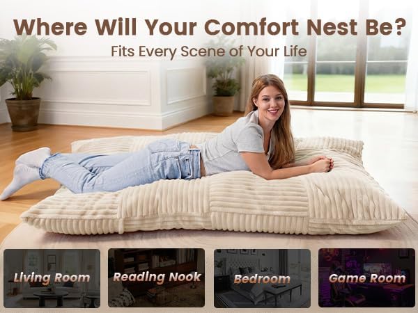 HOMRELEXA Giant Bean Bag Chair, 3-in-1 Convertible Bean Bag Floor Cushion with Washable Cover,Beanbag Chairs for Adult, Living Room, Bedroom, Cream