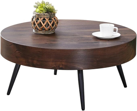 Round Coffee Table, Small Wood Coffee Table with Storage, Modern Mid Century Circle Tables Accent Center Tables for Living Room Apartment Small Space (31.5''D-Walnut)