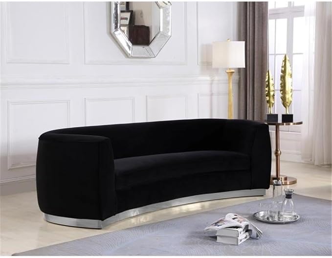 Meridian Furniture Julian Collection Modern | Contemporary Velvet Upholstered Sofa with Stainless Steel Base in Polished Chrome Finish, Black, 91.5" L x 36" D x 28" H