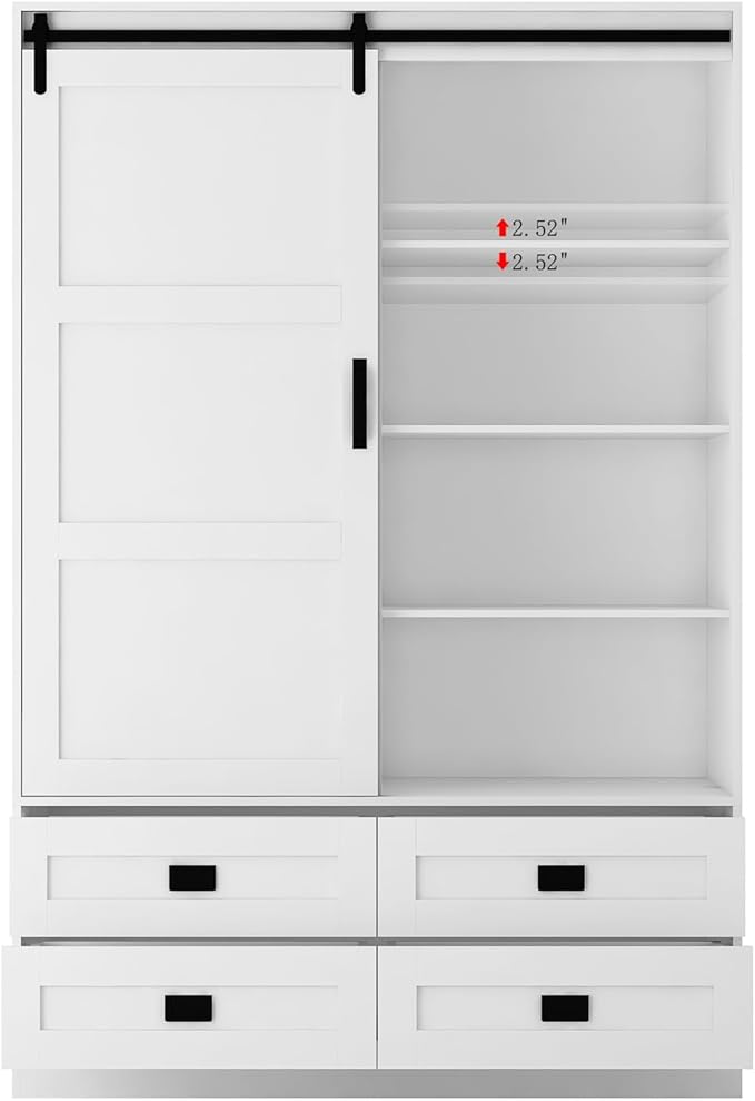 Armoire Wardrobe Closet with Sliding barn Door，Wardrobe Cabinet with 4 Storage Drawers and Hanging Rail,Freestanding Wooden Closet for Bedroom (White)