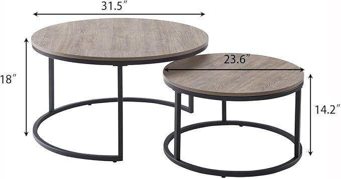 CENSI Round Nesting Coffee Table Set of 2, 31.5" Modern Grey Wash Oak Wood & Metal Frame, Industrial Circle Stacking Accent Tables for Living Room, Rustic Farmhouse Decor, Easy Assembly
