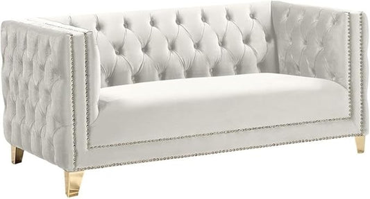Meridian Furniture 652Cream-L Michelle Collection Modern | Contemporary Loveseat with Deep Button Tufting, Gold Nailhead Trim and Sturdy Gold Iron Legs, Cream Velvet, 66" W x 34" D x 30" H