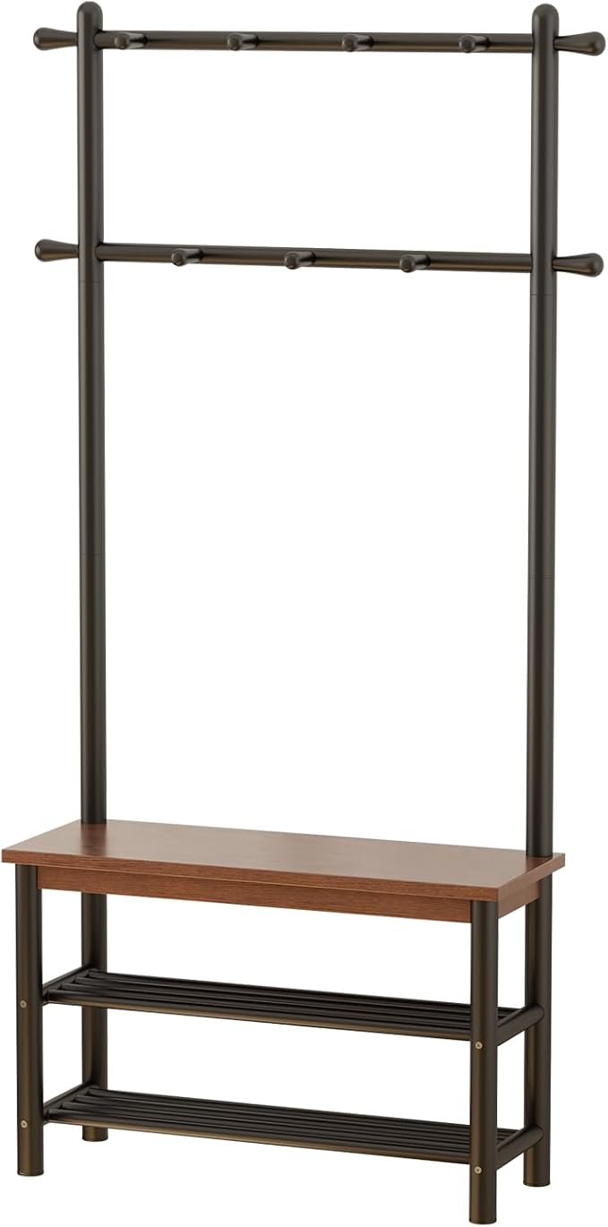 Coat Rack with Shoe Storage, Wood and Metal Frame, Entryway Hall Tree with Bench, Featuring 11 Hooks and 2-Tier Storage Shelves, 3-in-1, Entry Bench with Coat Rack (31.5" Walnut) - Image 9