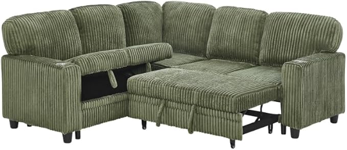 ERYE L-Shaped Symmetrical Sleeper Sectional Sofa W/Pull Out Sleeper Couch Bed and Storage Seat for Living Room, Corduroy Tufted Corner Convertible Sofa Bed with USB-C Ports