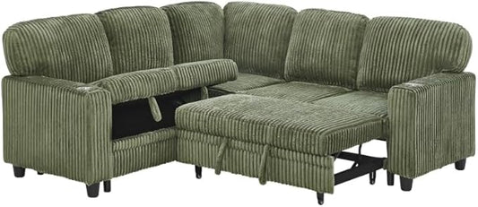 81" Modular Sectional Sofa, L-Shaped Convertible Sectional Sleeper Sofa Bed with Pull Out Bed, Storage Chaise, USB & Type-C Charging, 5-Seat Corduroy Couch for Living Room Apartment, Green