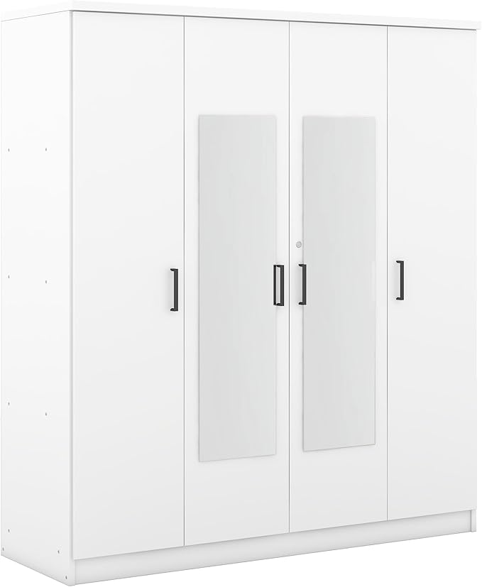 Merax 4 Doors Closet Wardrobe with Mirror Door and Hanging Rail, Wood Closet Organizers and Storage with One Drawer and Two 4-Tier Storage Shelves, Top Cabinet for Bedroom, Laundry Room, White