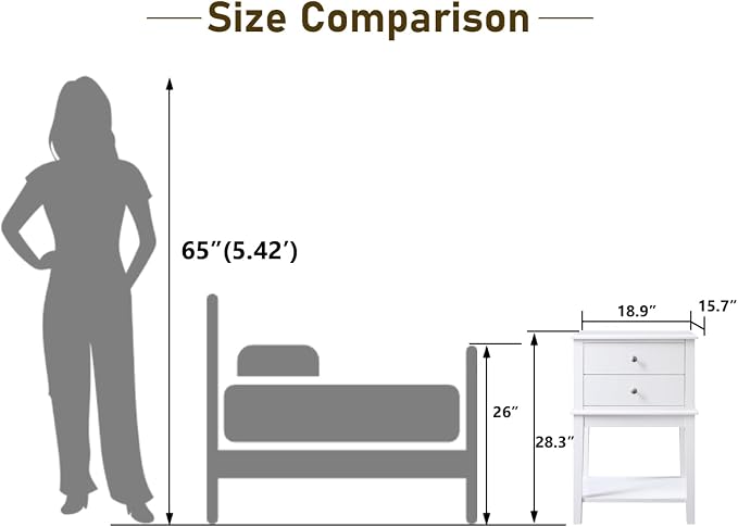 conifferism White Nightstand 2 Drawers and Storage Shelf, 28 Inch High Bedroom Night Stand, Contemporary Modern Bed Side Table, Living Room Country Cottage 19 Inch Wide End Table Metal Sliders - Image 7