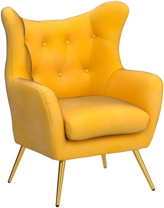 HULALA HOME Velvet Accent Chair, Modern Wingback Arm Chair with Metal Gold Legs, Velvet Tufted Upholstered Single Sofa Chair for Living Room Bedroom (Mustard)