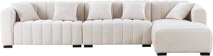 KEIKI 139" L-Shape Velvet Modular Sectional Sofa with Right Chaise Lounge, Modern Style Upholstered Oversized Reversible 3-Seater Channel Tufted Couch, Easy Assembly, for Apartment, Living Room, Beige