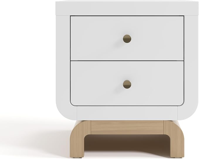 Storkcraft Santorini 2 Drawer Nightstand (White & Driftwood) - GREENGUARD Gold Certified Nightstand for Kids Bedroom, Premium Wood with Curved Base, “Champagne” Metal Knobs - Image 8