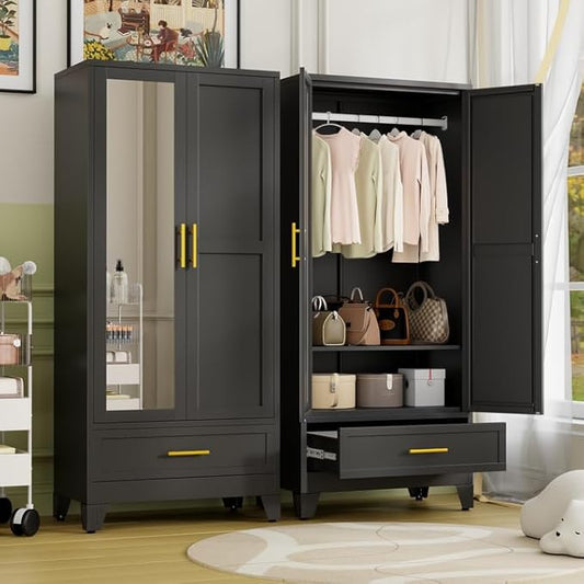 Metal Armoire Wardrobe Closet Storage Cabinet with Mirror Black, 71'' Wardrobe Cabinet with Hanging Rod Metal Closet with Adjustable Shelf and Drawer for Bedroom, Laundry Room, Cloak Room