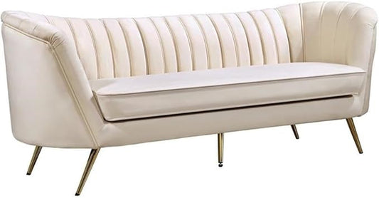 Meridian Furniture Margo Collection Modern | Contemporary Velvet Upholstered Sofa with Deep Channel Tufting and Rich Gold Stainless Steel Legs, Cream, 88" W x 30" D x 33" H
