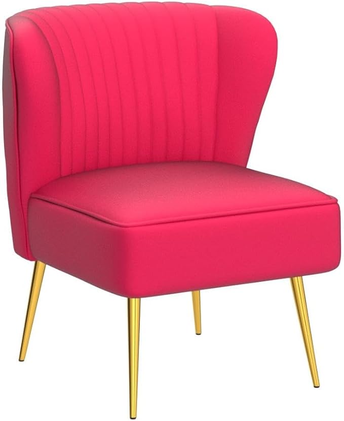HULALA Home Velvet Accent Chair Set of 2, Modern Armless Upholstered Side Chair with Glam Gold Metal Legs for Vanity Living Room Bedroom - Fuchsia
