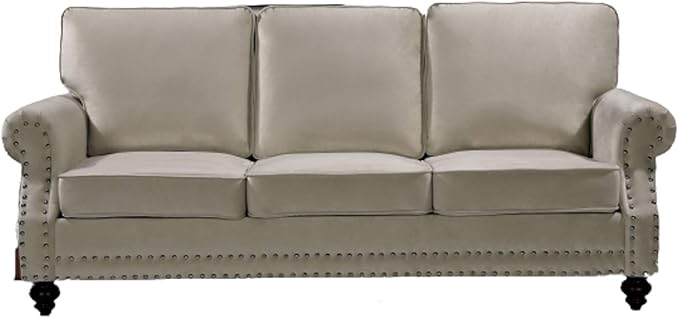 Lotus Mid Century Modern Velvet Upholstered Living Room Rolled Arms, Sofa, Ivory