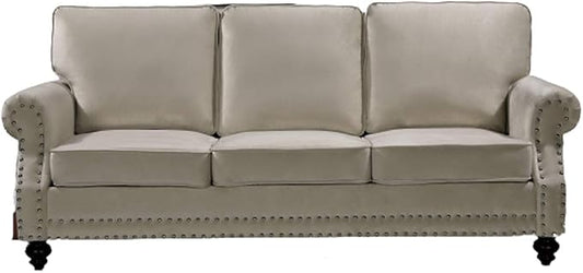 Lotus Mid Century Modern Velvet Upholstered Living Room Rolled Arms, Sofa, Ivory