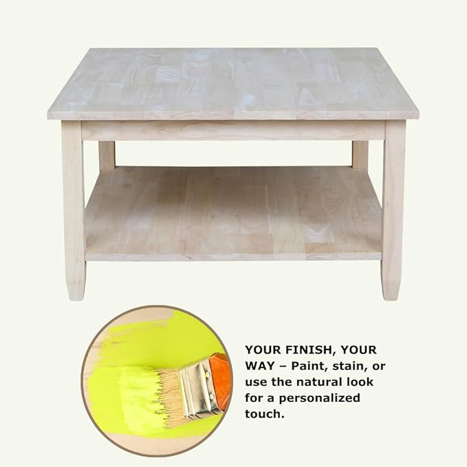 IC International Concepts, Solano Square Coffee Table, Solid Real Wood, Sturdy Parawood, Living Room/Family Room/Entryway, 32"W x 32"D x 18"H with Shelf, Paint/Stain Ready, Unfinished