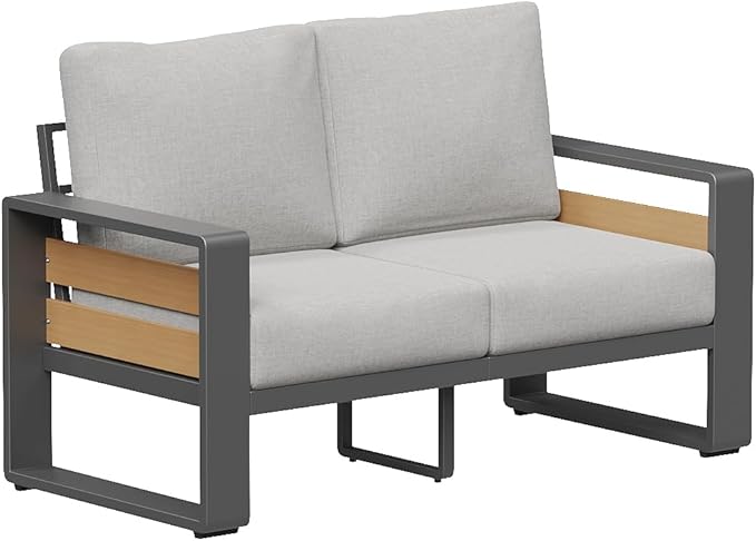 Aoxun Aluminum Outdoor Patio Furniture Set, 2 Seats Metal Sectional Patio Furniture, Modern Outside Sectional Set for Backyard, Love Seat Sofa ×1, Dark Grey & Light Grey