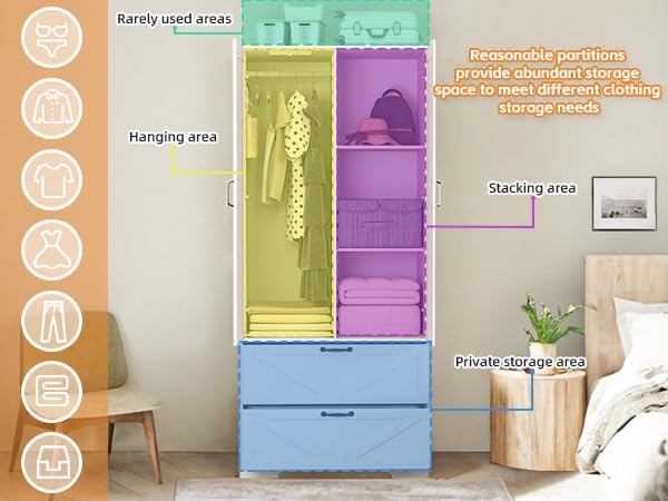 31.5" 2-Door Wardrobe with Mirror, Modern Closet with 2 Drawers, Geometric Design Storage Cabinet for Bedroom