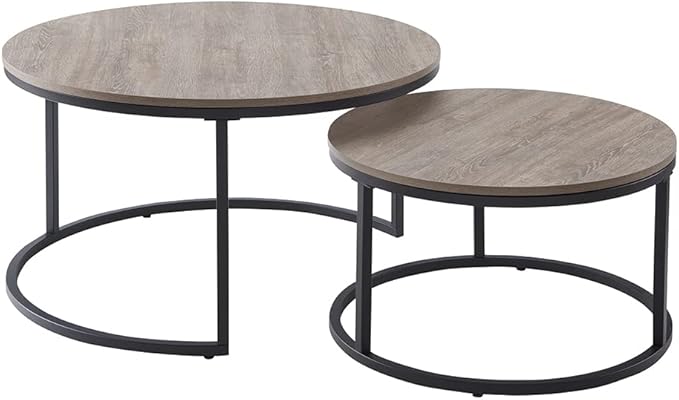 CENSI Round Nesting Coffee Table Set of 2, 31.5" Modern Grey Wash Oak Wood & Metal Frame, Industrial Circle Stacking Accent Tables for Living Room, Rustic Farmhouse Decor, Easy Assembly