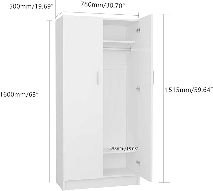 Panana 2 Door Wood Wardrobe Cabinet Closet with Hanging Rail and 2 Shelves, Bedroom Armoire for Storage (White)