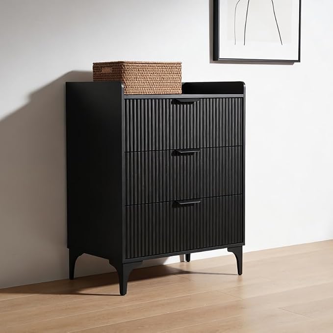 Modern Fluted Wood 3-Drawer Tall Nightstand, 30'' High Bedside Table for King or Queen Beds, Narrow Storage Cabinet for Bedroom, Black - Image 9