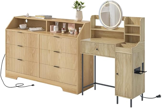 Women Bedroom Furniture Set of 2 Fluted Dresser and Makeup Vanity Desk with Charging Station Wood Dressing Table with 3 Lighting Modes and Accent Fluted Drawer Dresser for Women's Bedroom