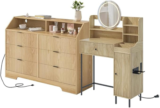 Women Bedroom Furniture Set of 2 Fluted Dresser and Makeup Vanity Desk with Charging Station Wood Dressing Table with 3 Lighting Modes and Accent Fluted Drawer Dresser for Women's Bedroom