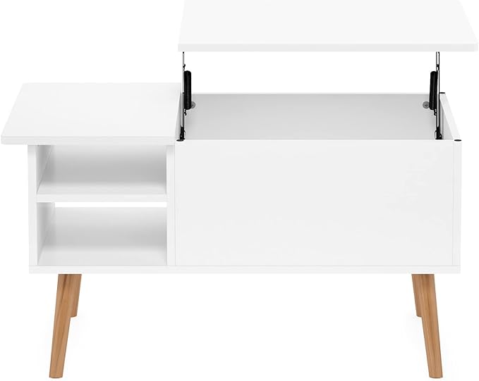Furinno Jensen Wooden Leg Lift Top Coffee Table with Hidden Compartment and Side Open Storage Shelf for Living Room, Solid White