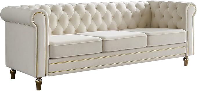 KEIKI 85" Chesterfield Velvet Tufted Button Sofa with Deep Seat Cushions and Rolled Arms, Modern Style 3-Seater Couch Decorated with Gold Strip, Easy Assembly, for Living Room, Bedroom, Office, Beige