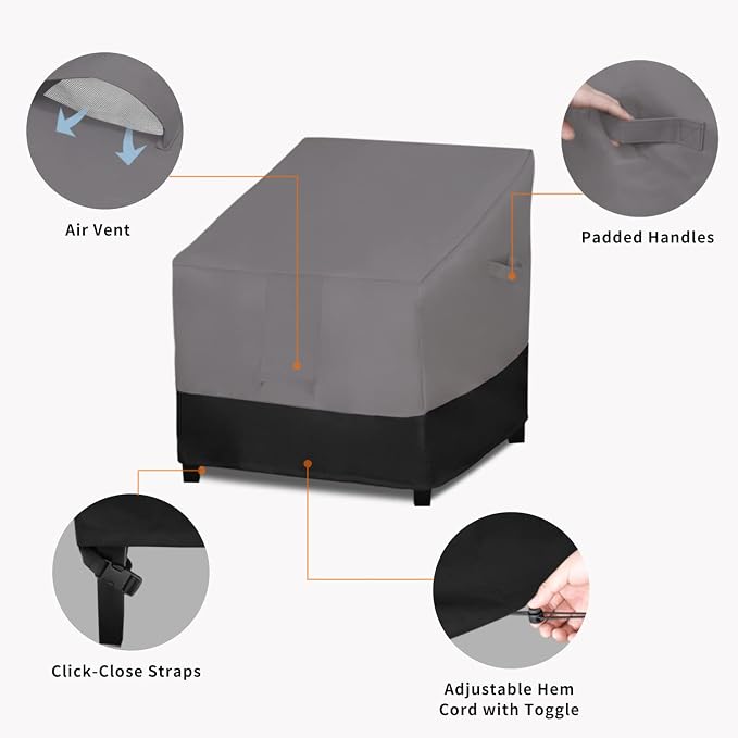 Easy-Going Outdoor Chair Cover Waterproof, Heavy Duty Patio Chair Cover, Windproof Outdoor Furniture Cover with Air Vent (1 Pack-33.5Wx31.5Dx36H inch, Gray/Black) - Image 4