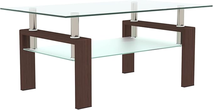 39.4'' Rectangle Glass Coffee Table, Brown Coffee Table with Tempered Glass & Metal Legs, 2-Tier Modern Center Table with Storage Shelf, Clear Glass Coffee Tables for Living Room, Apartment, Office