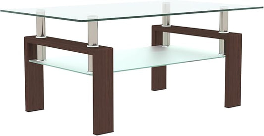 39.4'' Rectangle Glass Coffee Table, Brown Coffee Table with Tempered Glass & Metal Legs, 2-Tier Modern Center Table with Storage Shelf, Clear Glass Coffee Tables for Living Room, Apartment, Office