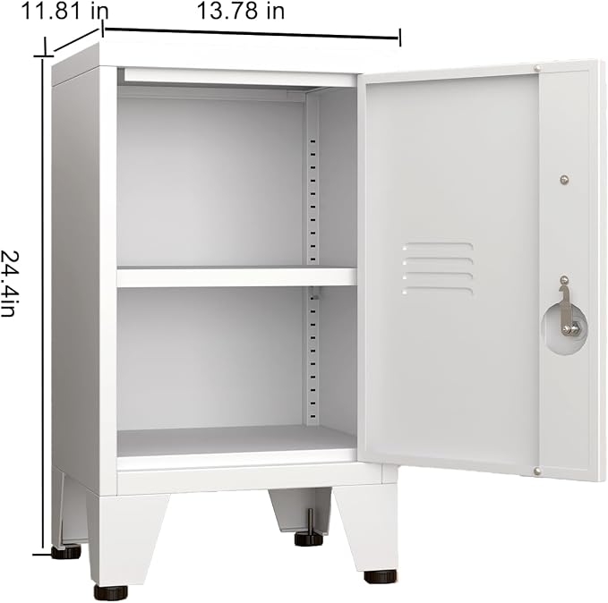 White Nightstand, Metal Small Nightstand Storage Cabinet with Adjustable Shelf and Lock, Narrow Cabinet for Bedroom, Office (White, 24.4") - Image 3